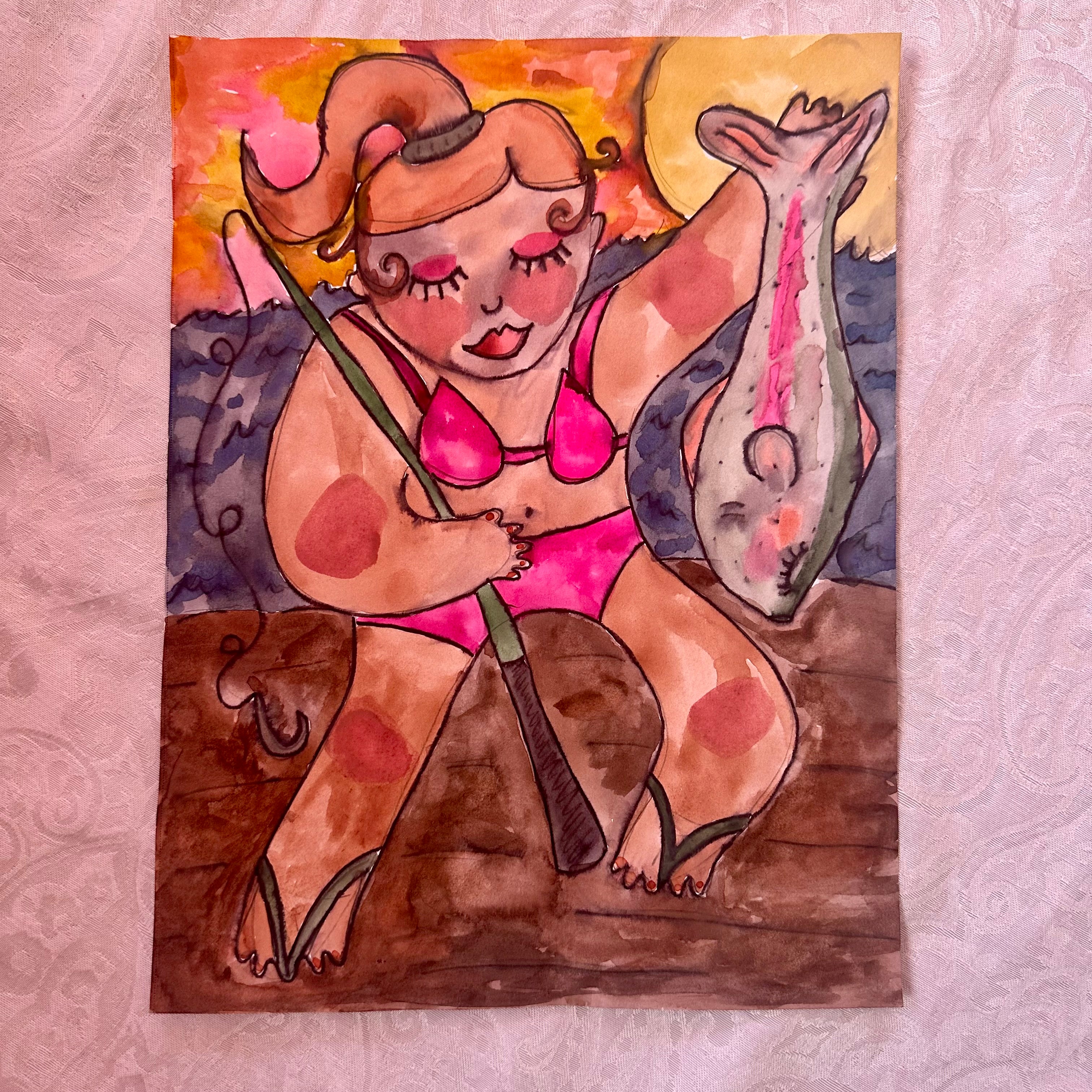 Fishing Original Watercolor