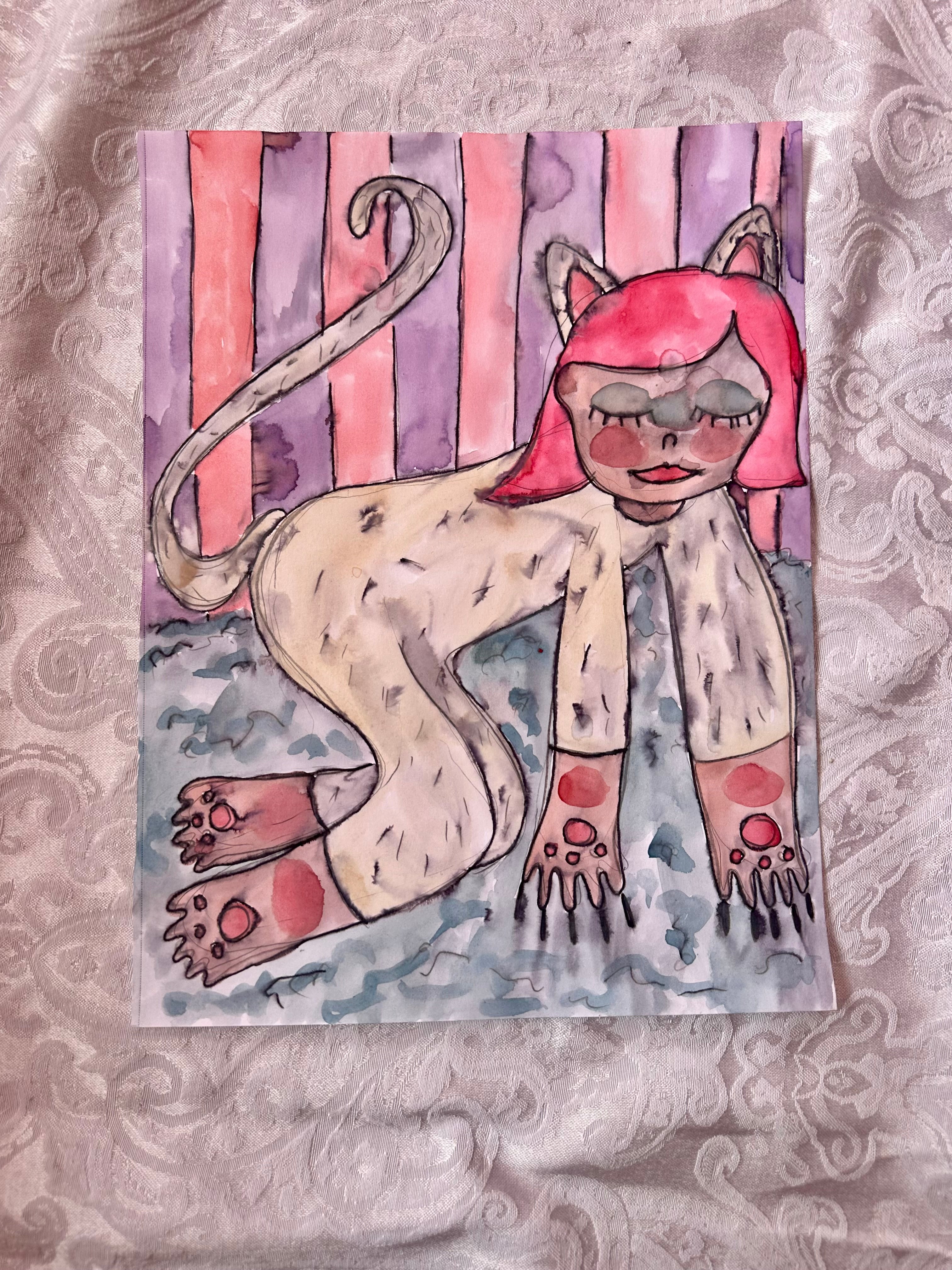 Cat Girl Original Watercolor