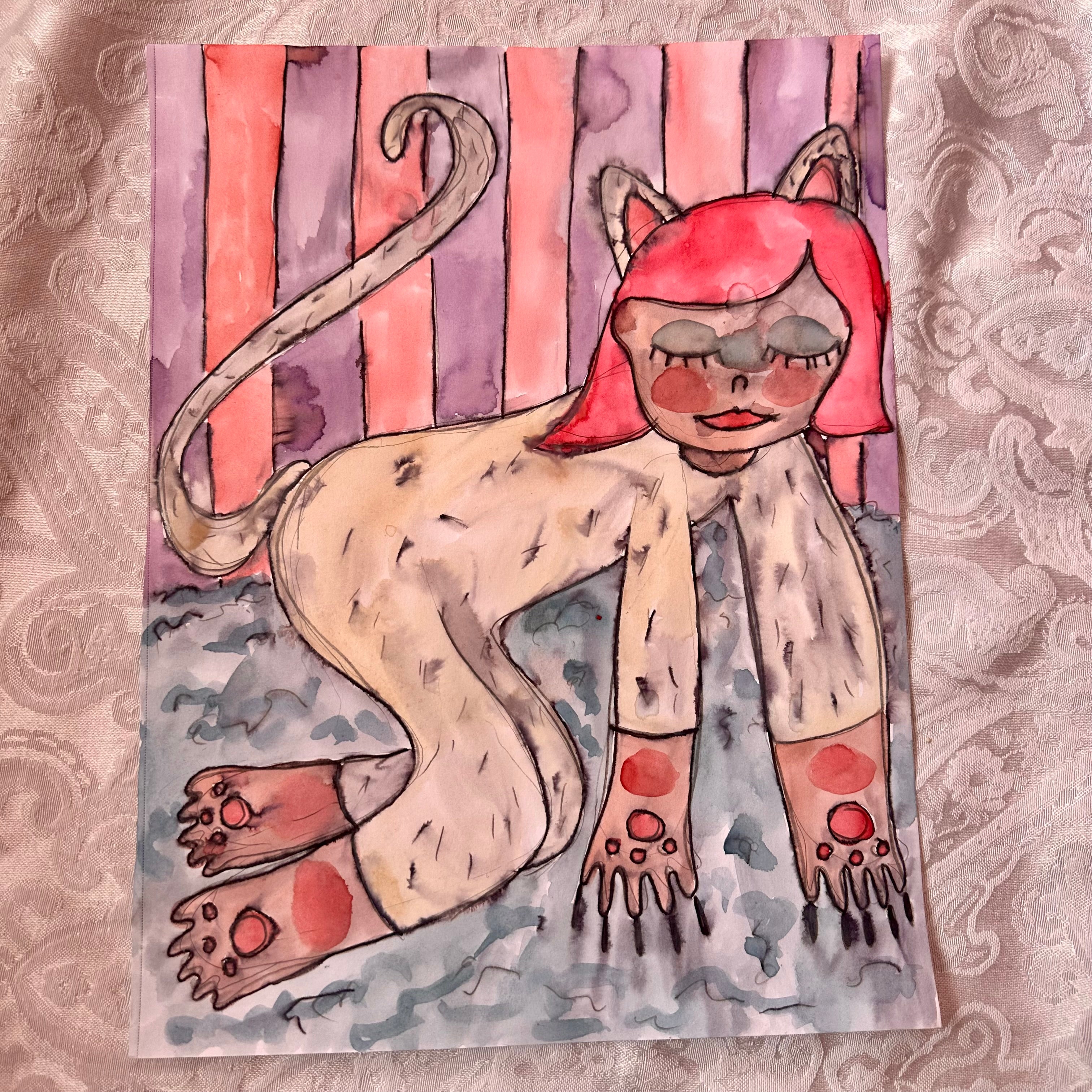 Cat Girl Original Watercolor