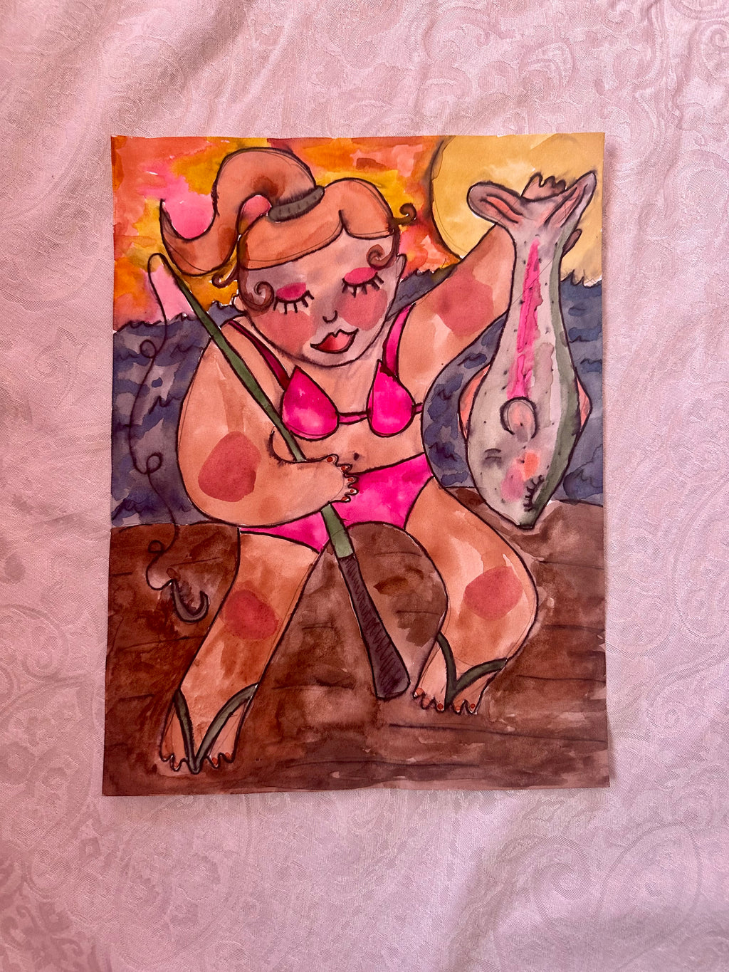 Fishing Original Watercolor